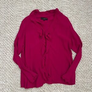 David Dart Collection Fuchsia Pink Ruffle Front V-Neck Blouse Long Sleeve Large